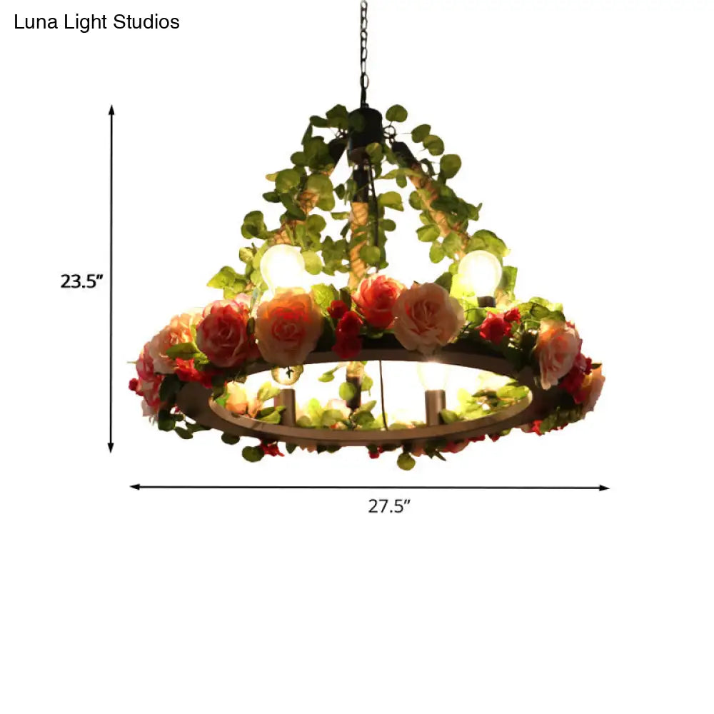 Aldhanab - Lámpara de araña de metal con 6 luces, bombillas expuestas, estilo loft, colgante de metal negro con anillo y decoración de pétalos artificiales