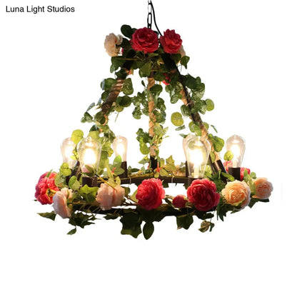 Aldhanab - Lámpara de araña de metal con 6 luces, bombillas expuestas, estilo loft, colgante de metal negro con anillo y decoración de pétalos artificiales