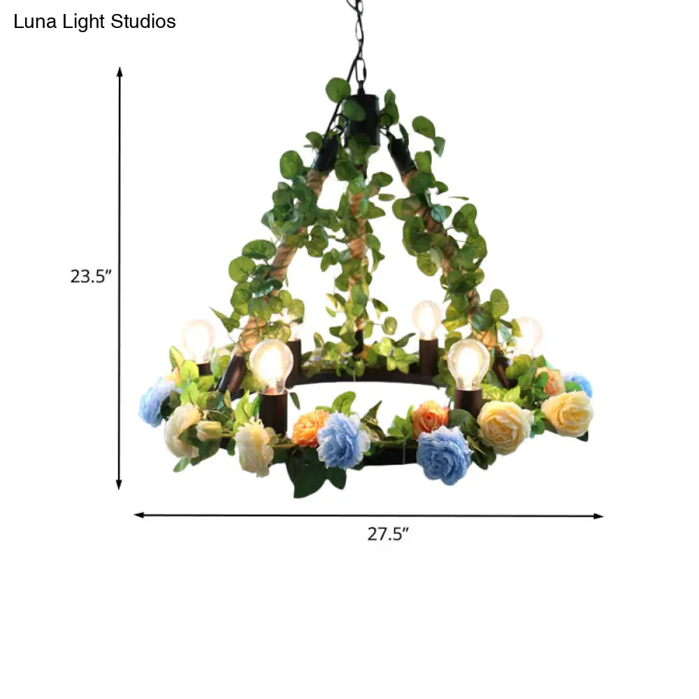 Aldhanab - Lámpara de araña de metal con 6 luces, bombillas expuestas, estilo loft, colgante de metal negro con anillo y decoración de pétalos artificiales