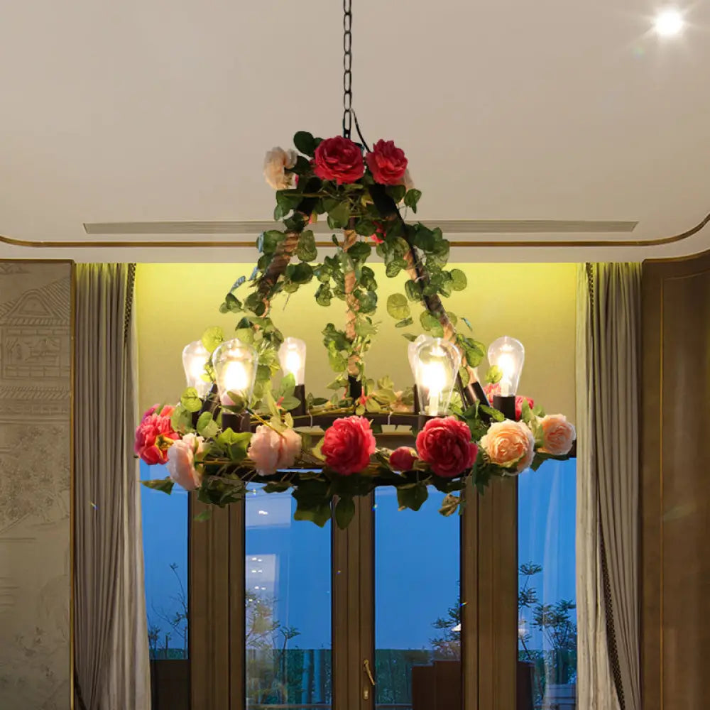 Aldhanab - Lámpara de araña de metal con 6 luces, bombillas expuestas, estilo loft, colgante de metal negro con anillo y decoración de pétalos artificiales