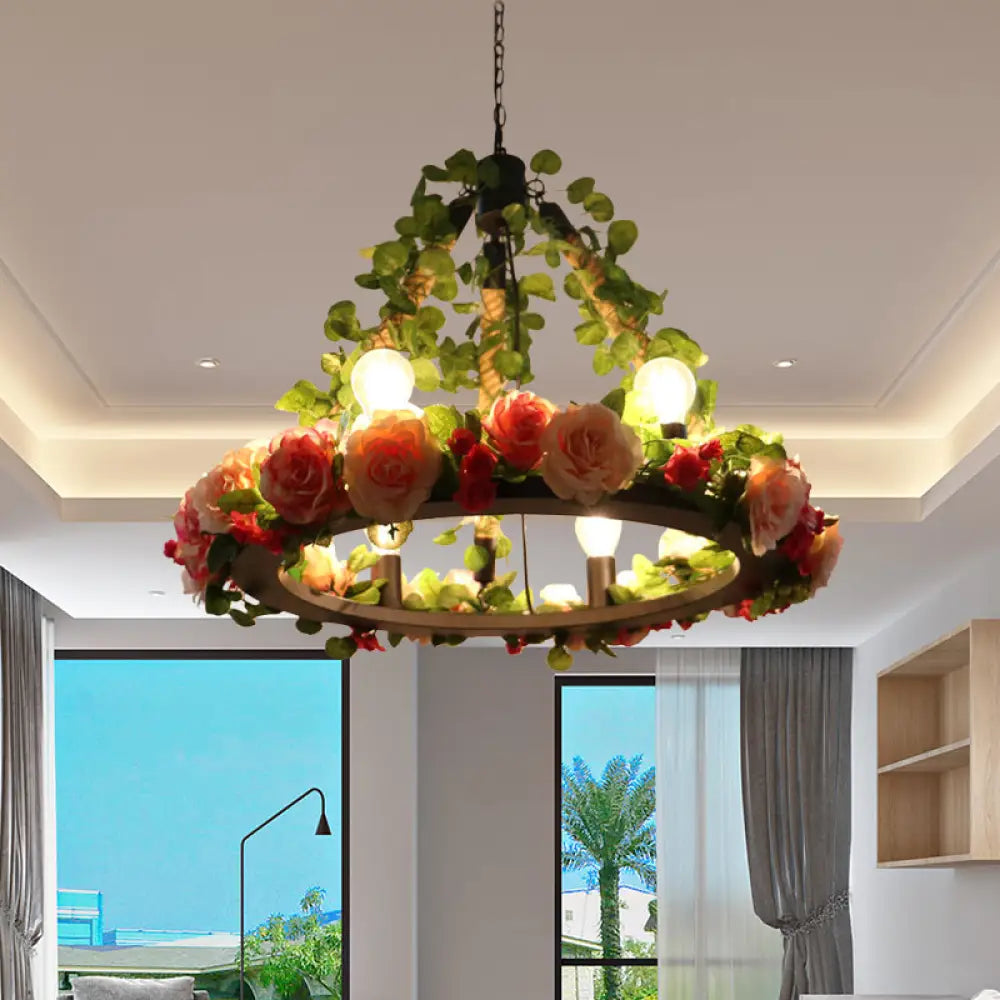 Aldhanab - Lámpara de araña de metal con 6 luces, bombillas expuestas, estilo loft, colgante de metal negro con anillo y decoración de pétalos artificiales