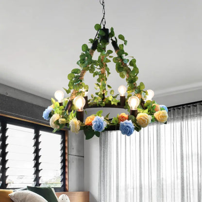 Aldhanab - Lámpara de araña de metal con 6 luces, bombillas expuestas, estilo loft, colgante de metal negro con anillo y decoración de pétalos artificiales