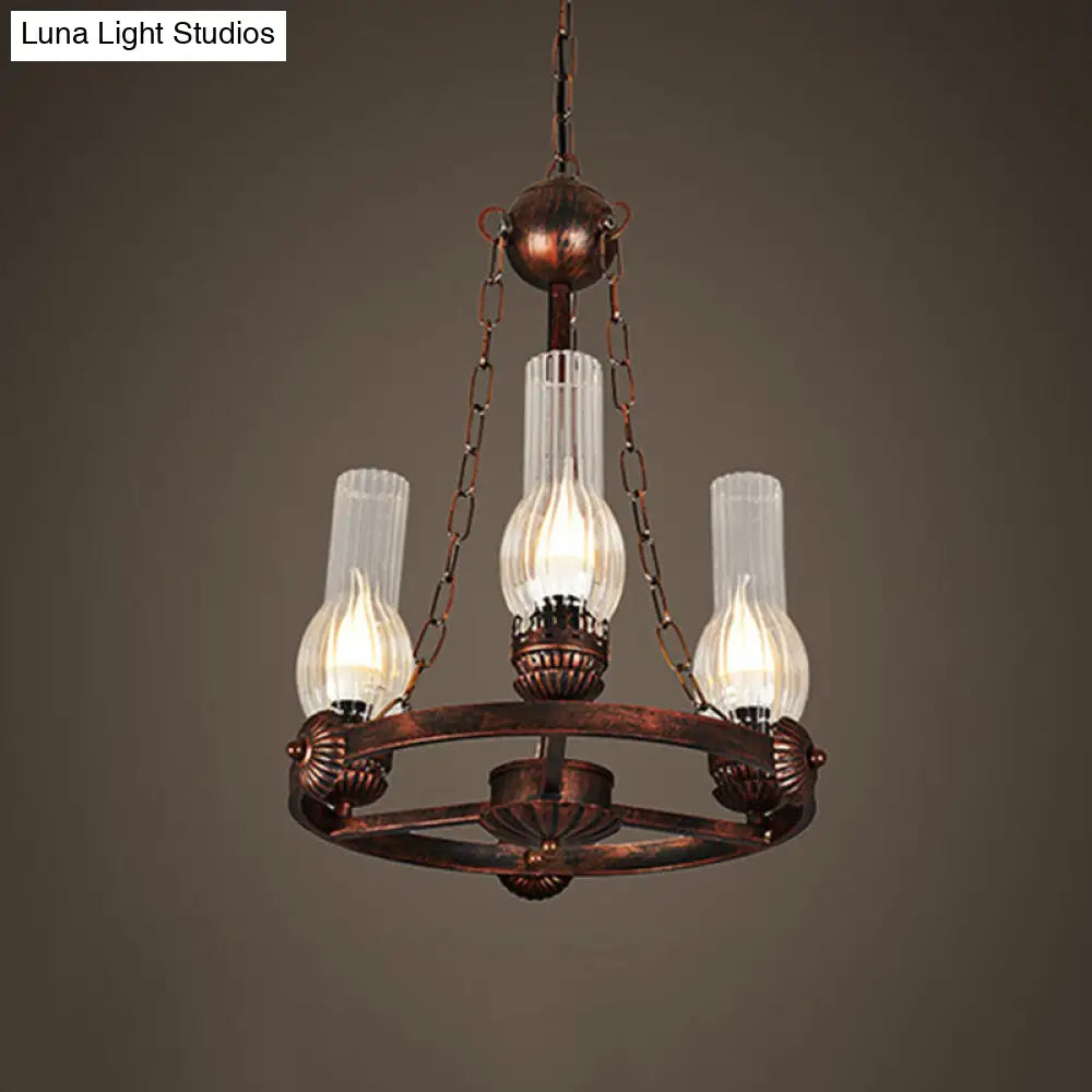 Alicia - Lámpara colgante de cristal transparente acanalado vintage, estilo fábrica, con 3 bombillas y diseño de rueda de hierro.