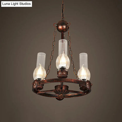 Alicia - Lámpara colgante de cristal transparente acanalado vintage, estilo fábrica, con 3 bombillas y diseño de rueda de hierro.