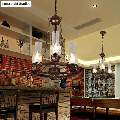 Alicia - Lámpara colgante de cristal transparente acanalado vintage, estilo fábrica, con 3 bombillas y diseño de rueda de hierro.