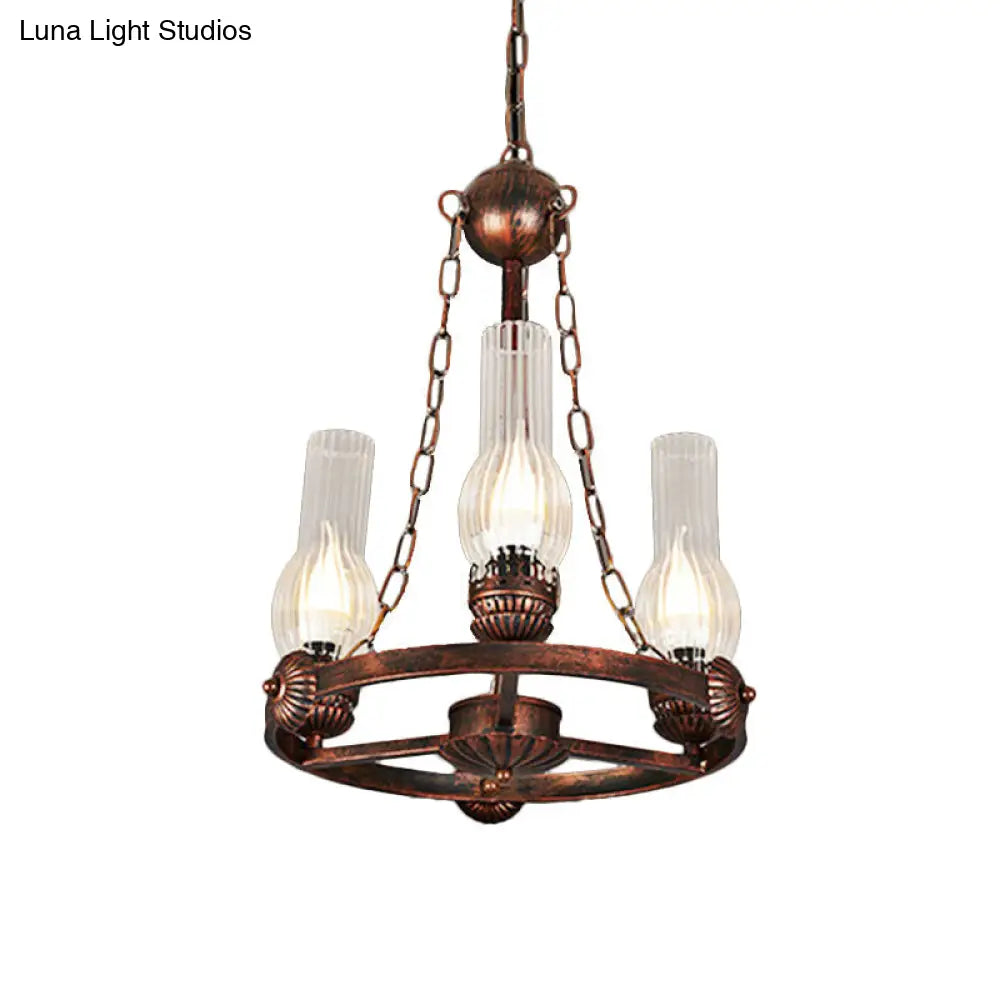 Alicia - Lámpara colgante de cristal transparente acanalado vintage, estilo fábrica, con 3 bombillas y diseño de rueda de hierro.