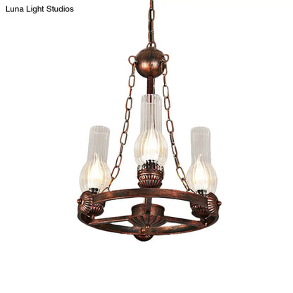 Alicia - Lámpara colgante de cristal transparente acanalado vintage, estilo fábrica, con 3 bombillas y diseño de rueda de hierro.