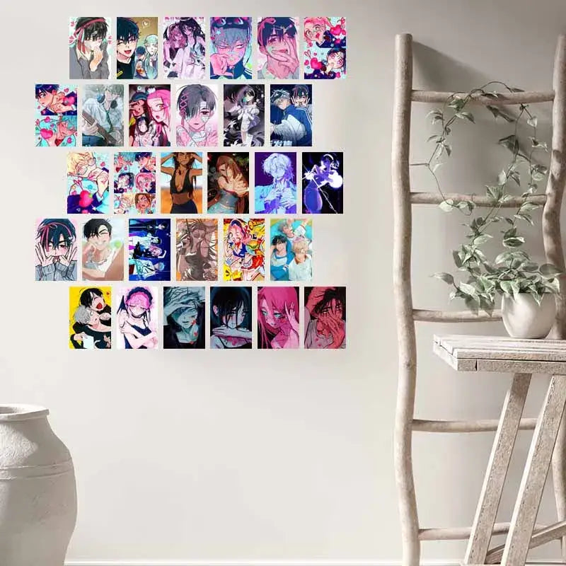 A colorful grid of anime photo cards arranged on a wall featuring decorbites™ alien anime photo cards collage set
