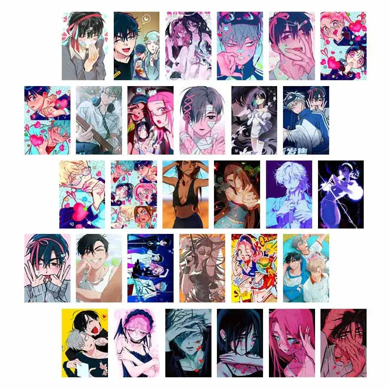 A colorful grid of anime photo cards featuring vibrant alien-style characters from the decorbites™ collage set