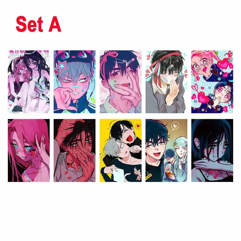 Set of ten colorful DecorBites™ alien anime photo cards featuring vibrant designs and distinct expressions