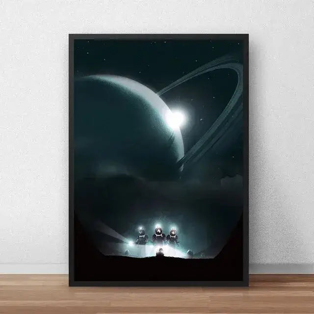 Black-framed DecorBites™ Alien movie poster canvas painting of astronauts on starry surface with glowing ringed planet