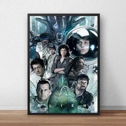 Black-framed DecorBites™ alien movie poster canvas painting featuring a teal gray and black character collage