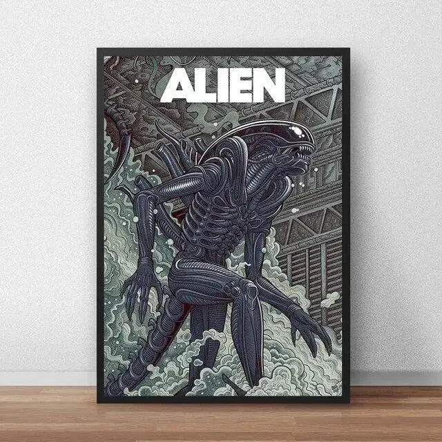 Black-framed movie poster canvas featuring a detailed dark gray and black alien creature illustration DecorBites™ canvas painting