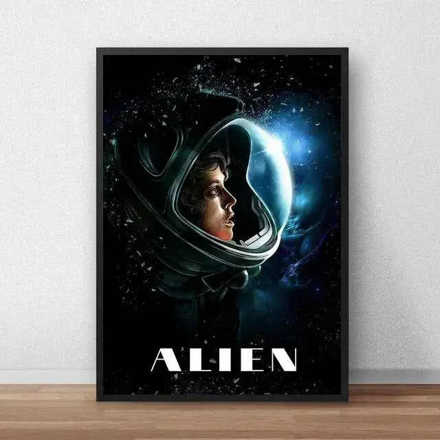 Decorbites™ alien movie poster canvas painting featuring a black-framed astronaut illustration on a cosmic backdrop