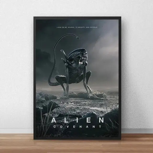Black-framed decorbites™ alien movie poster canvas painting with dark moody design and dramatic lighting in muted tones