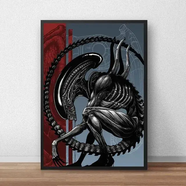 Black-framed alien movie poster canvas painting featuring a detailed muscular alien on red and gray background