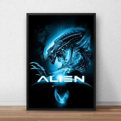 DecorBites™ alien movie poster canvas painting in blue light with sleek black frame perfect as a movie poster canvas