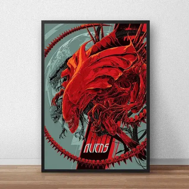 DecorBites™ alien movie poster canvas painting with a red stylized alien on teal background in a framed design
