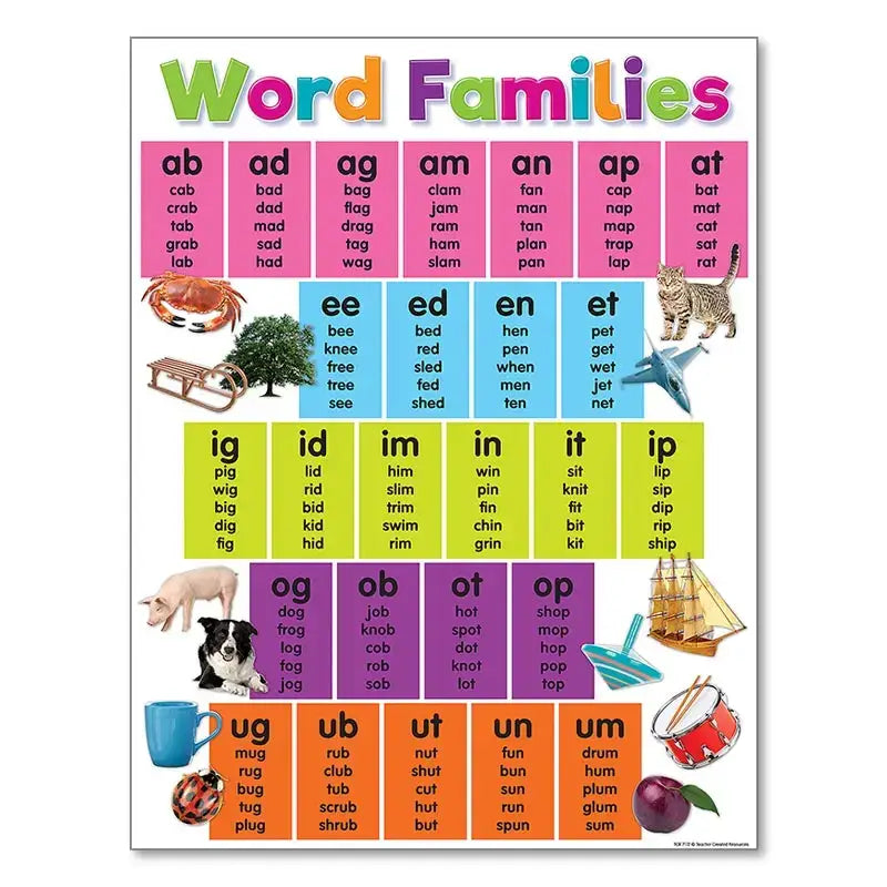 Colorful decorbites™ alphabet educational poster for kids displaying word families with vibrant boxes and illustrated words