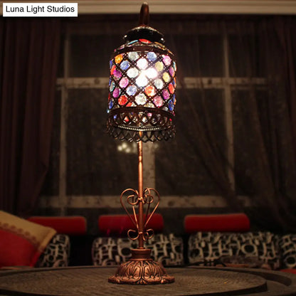 Altais - Lámpara de mesa de noche Bohemia de 1 luz con cuello de cisne, estilo bohemio. Lámpara de mesa con cuentas de vidrio color cobre y brazo flexible.