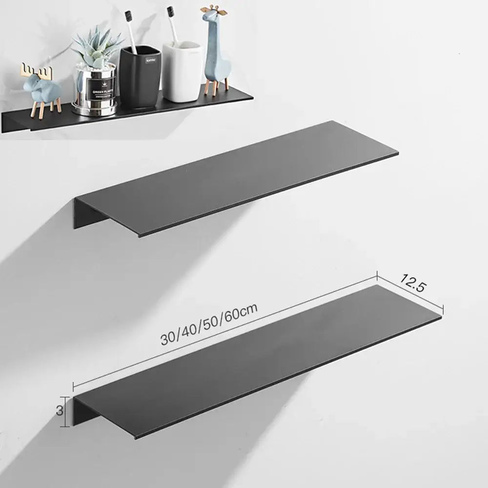 DecorBites aluminum floating shelves in black matte finish with nail free glue for bathroom and kitchen use