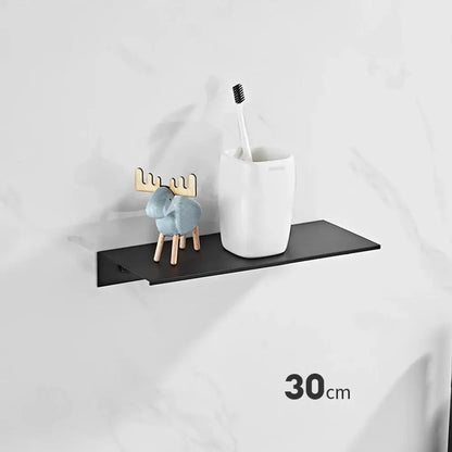 Black matte aluminum floating shelf 30cm wide from decorbites™ designed for bathroom and kitchen use with nail free glue
