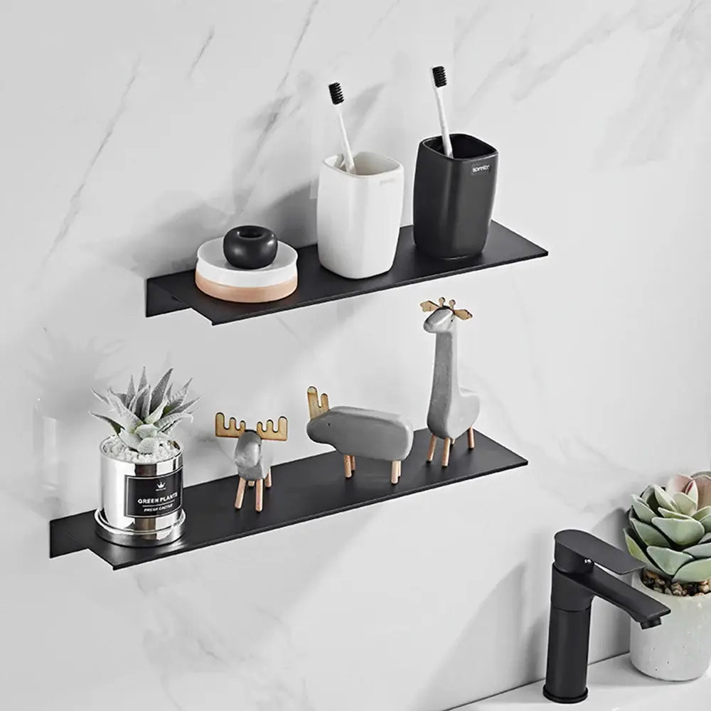 DecorBites aluminum floating shelves in black matte aluminum with nail free glue for bathroom and kitchen use