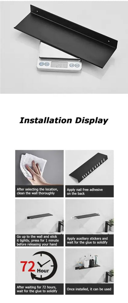 Black metal aluminum floating wall shelf with sleek minimalist design and pre-drilled mounting holes for easy installation