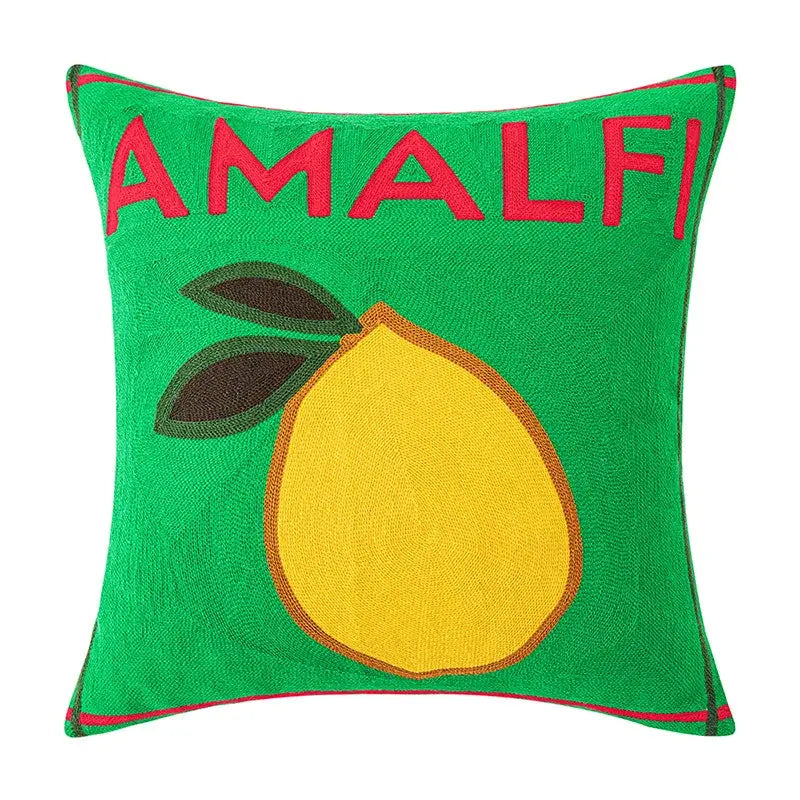 Vibrant green embroidered lemon cushion cover featuring bold red Amalfi lettering and thin red edge stitching