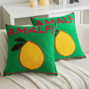 Green embroidered cushion cover featuring a yellow lemon with green leaves and red amalfi lettering for living room use