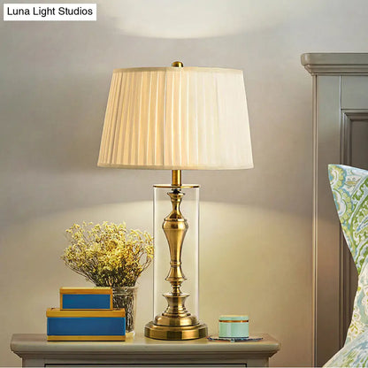 Amaya - Gold Gold 1 Light Night Table Light Countryside Fabric Empire Shade Nightstand Lamp with Metal Candlestick Base