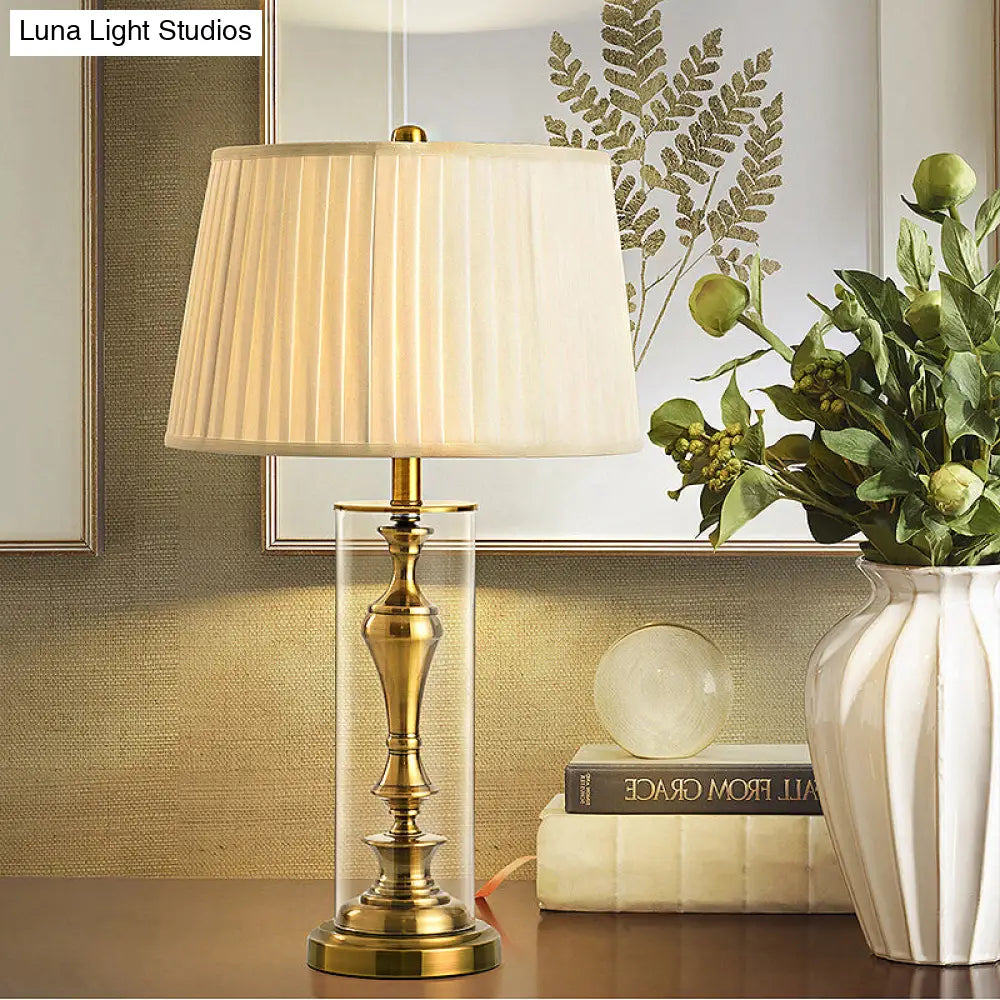 Amaya - Gold Gold 1 Light Night Table Light Countryside Fabric Empire Shade Nightstand Lamp with Metal Candlestick Base