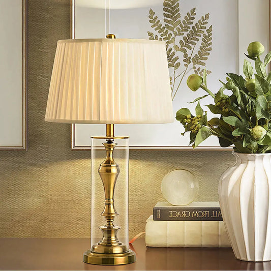 Amaya - Gold Gold 1 Light Night Table Light Countryside Fabric Empire Shade Nightstand Lamp with Metal Candlestick Base