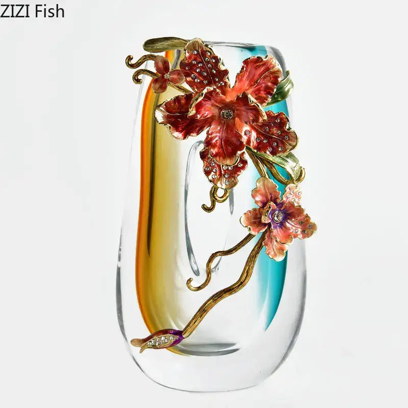 A translucent blue gradient glass vase with amber hues and intricate floral enamel decorbites blue gradient design for living room decor