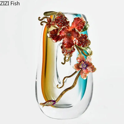 A translucent blue gradient glass vase with amber hues and intricate floral enamel decorbites blue gradient design for living room decor