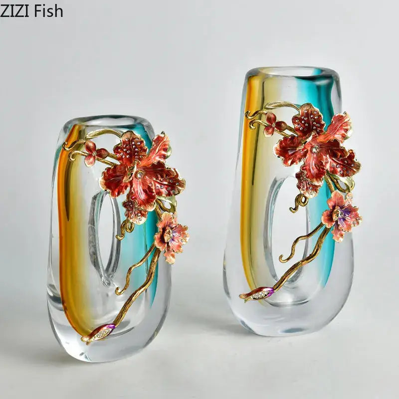 Two elegant translucent amber and blue gradient glass vases with red gold floral decorbites blue gradient embellishments for decor