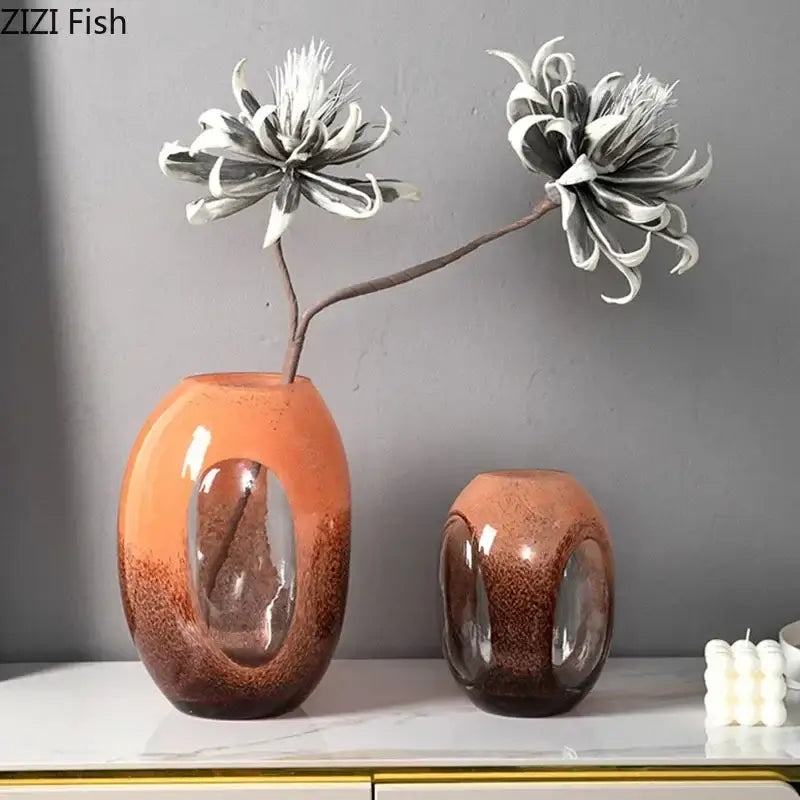 Amber and brown dual color glass vase with central oval cutout for living room hydroponic decor from decorbites dual color