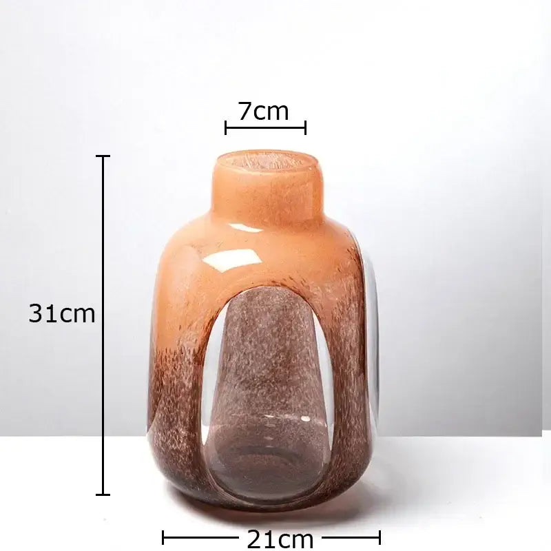 A sleek 31cm amber and brown dual color glass vase with gradient finish and textured interior for living room decorbites decor