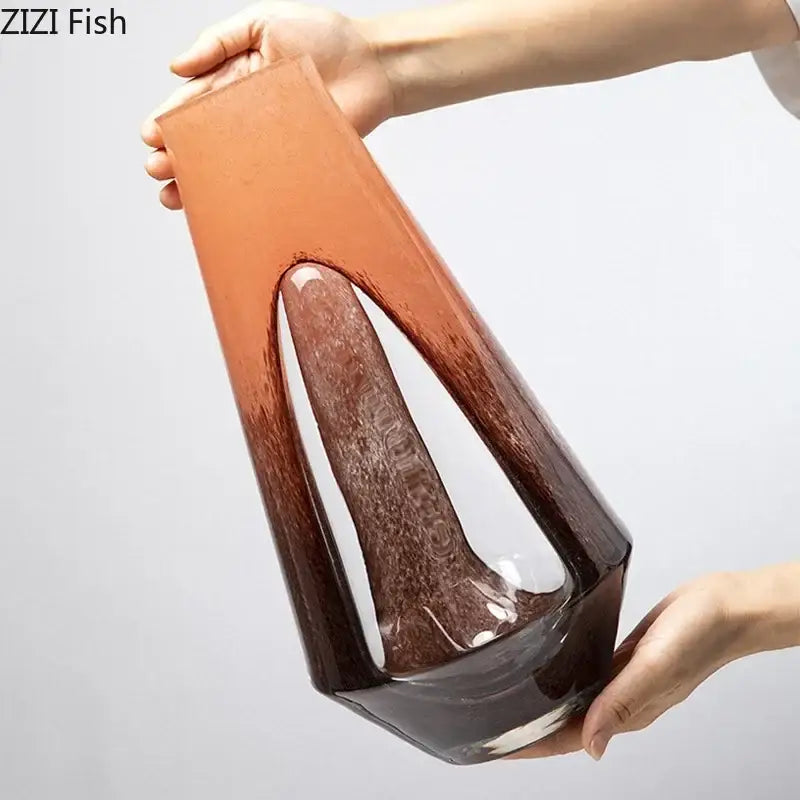Brown gradient dual color glass vase with sleek modern design and open cutout for living room decorbites dual color decor