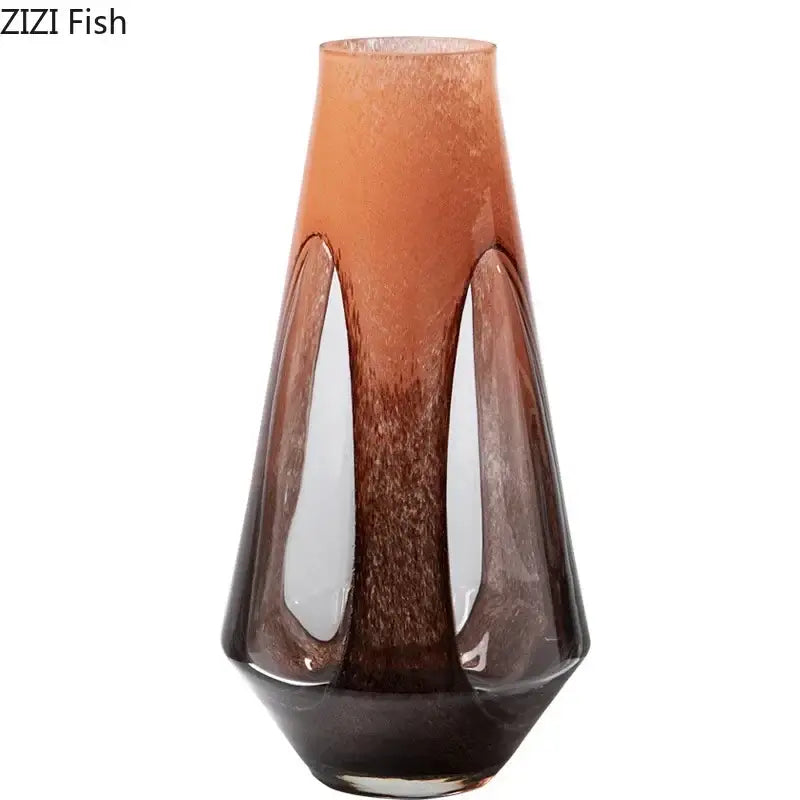 A decorbites dual color glass vase with amber to deep brown gradient and vertical cutouts for living room hydroponic decor
