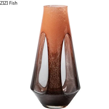 A decorbites dual color glass vase with amber to deep brown gradient and vertical cutouts for living room hydroponic decor