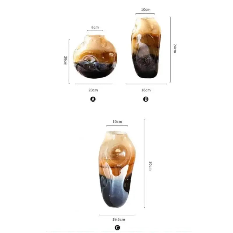 Three hand-blown decorbites gradient glass vases with amber and brown swirls for irregular floral arrangement living room decor