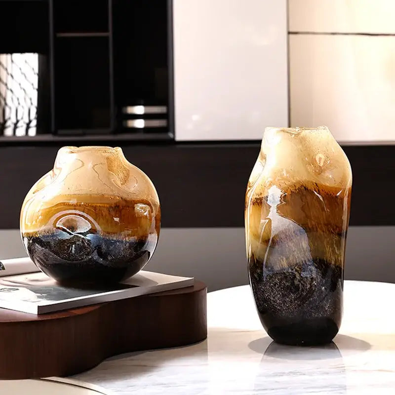 Two ceramic gradient glass vases with glossy amber and dark brown finish for irregular floral arrangement decorbites decor