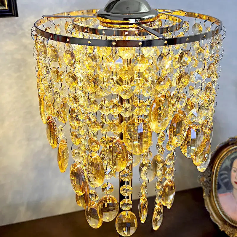 Amber and clear crystal glass table lamp with golden chandelier design and chrome frame for bedroom living room decorbites crystal glass
