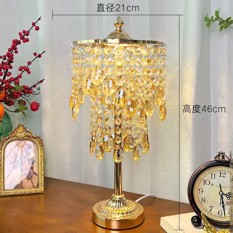 Golden crystal glass table lamp with amber faceted crystals and brass base for bedroom or living room decorbites crystal glass