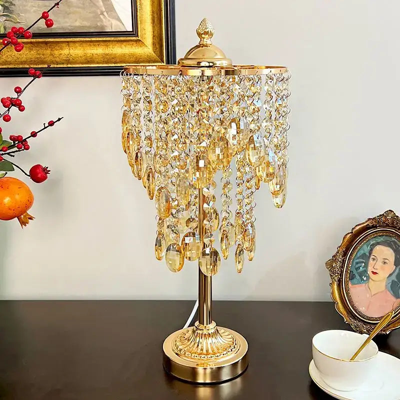 Amber and clear decorbites crystal glass table lamp with cascading faceted crystals for bedroom or living room decor