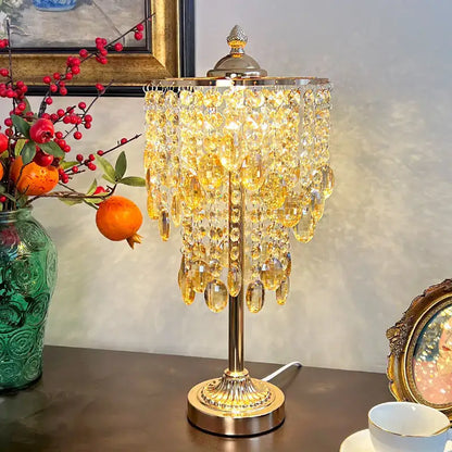 Golden crystal glass table lamp with cascading amber and clear faceted beads for bedroom decorbites crystal glass