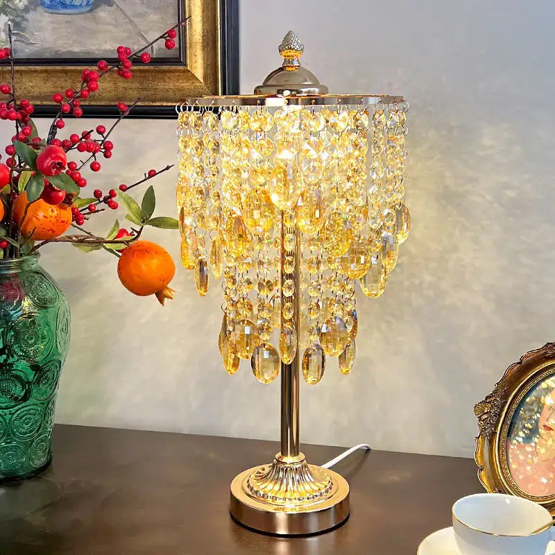 Golden crystal glass table lamp with cascading amber and clear faceted beads for bedroom decorbites crystal glass