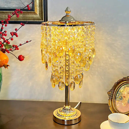 Amber and clear decorbites crystal glass table lamp with golden chandelier crystals and polished chrome base for living room decor