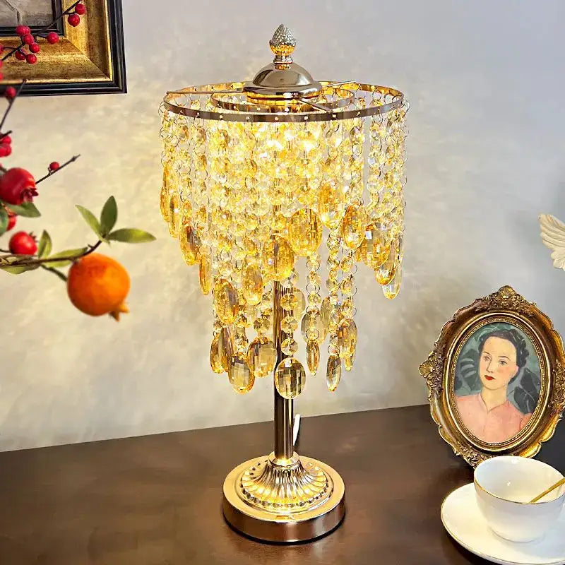 Amber and clear crystal glass table lamp with golden crystal decorbites glass beads and polished brass base for living room